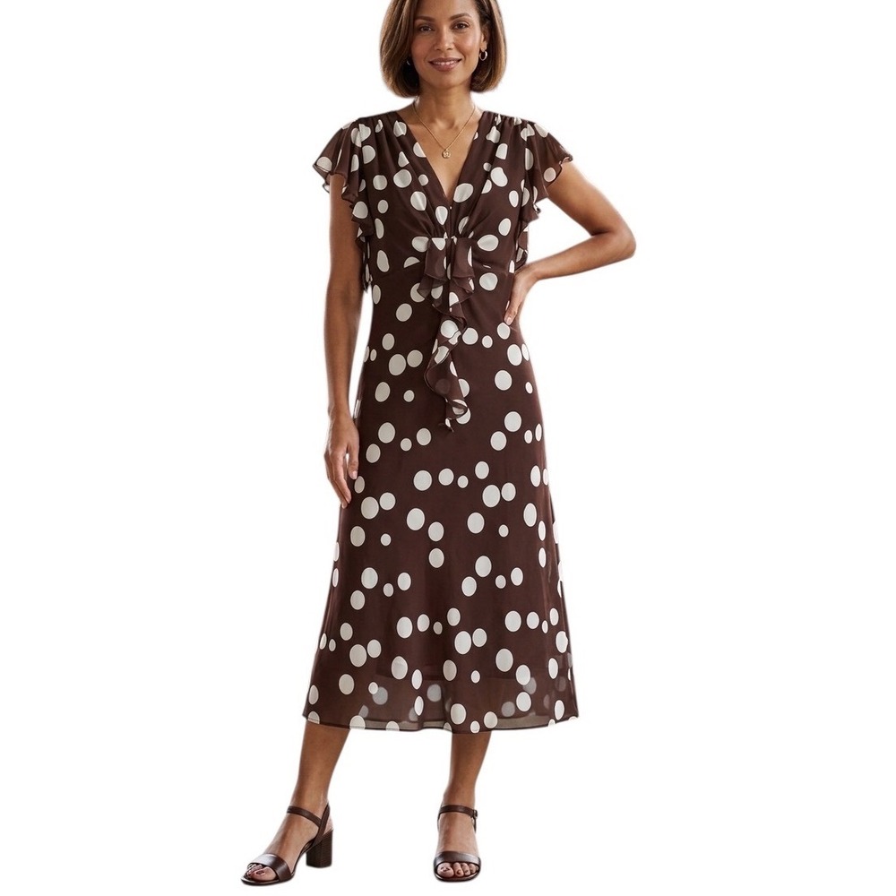J.B.S. Ltd Brown White Polka‎ Dot Ruffle Flutter Sleeve Midi Dress 14 Vintage